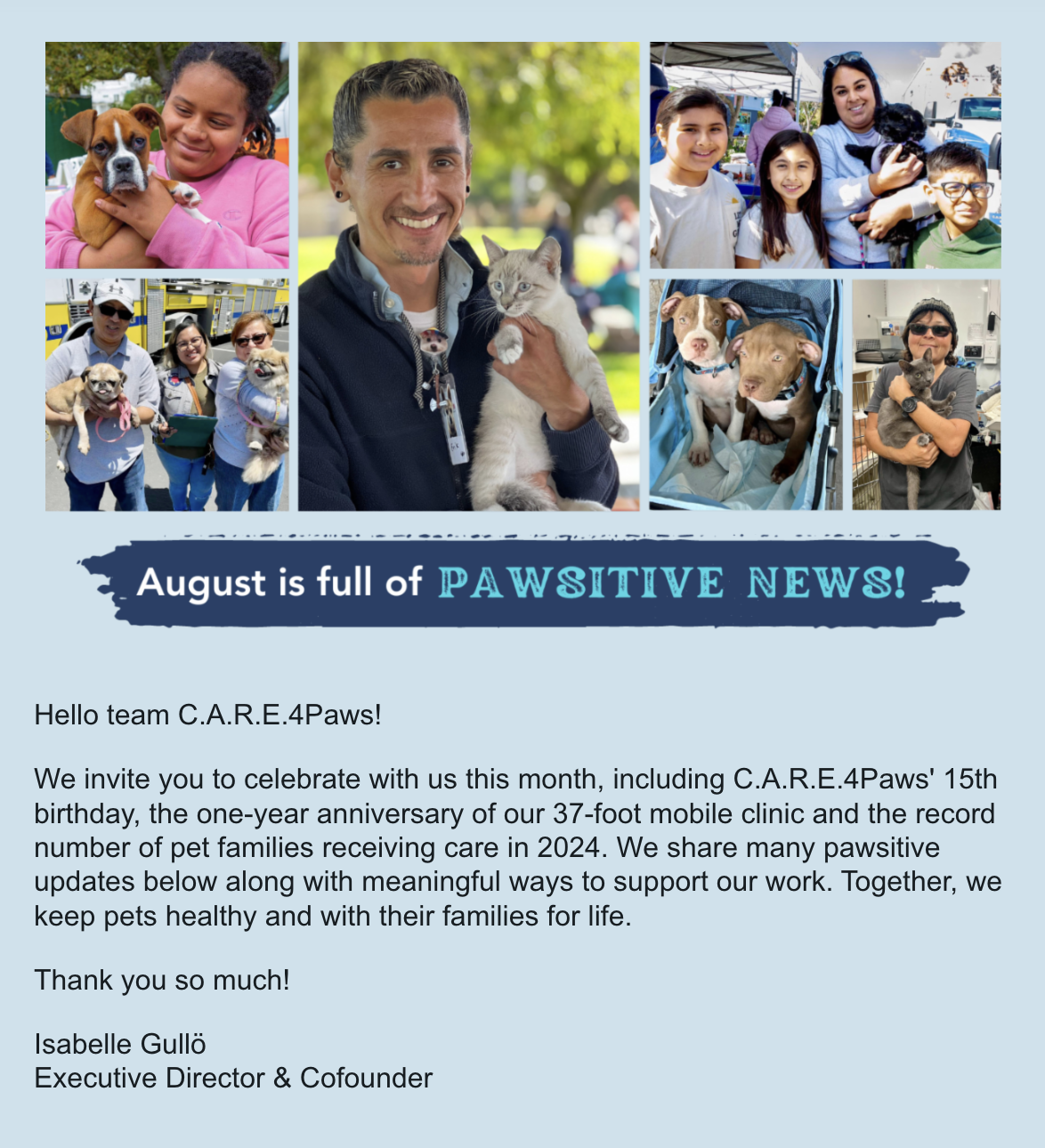Clickable graphic displaying collage of pet clients, staff and their pets that leads to August's e-newsletter